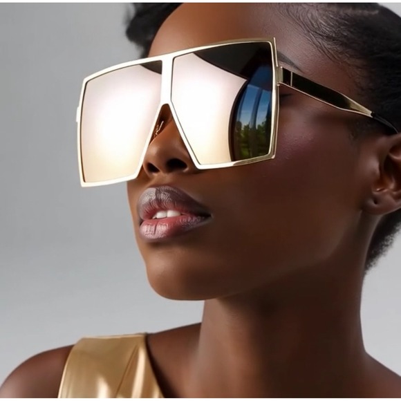 Oversize Vintage Retro Shield Style SUN GLASSES XL Square Gold Frame Pink Lens - Picture 5 of 10